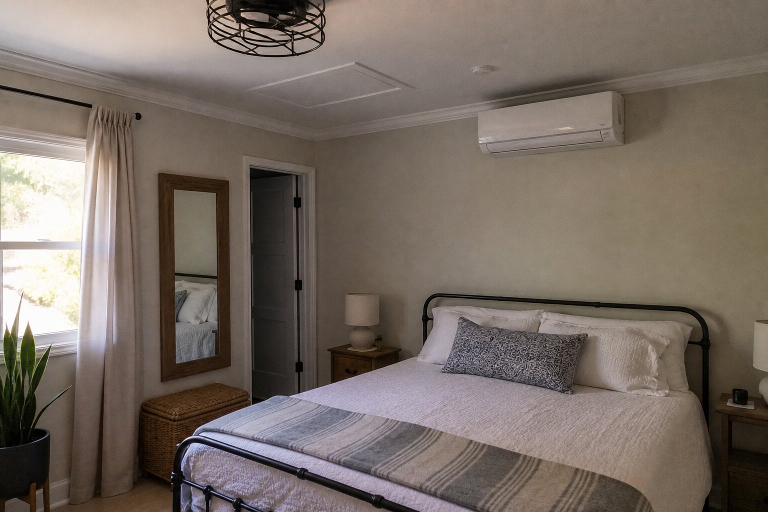 Converted garage guest room with ductless mini split unit mounted above the bed