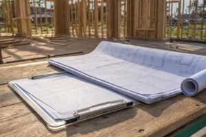 Construction plans and clipboard at a framed home construction site
