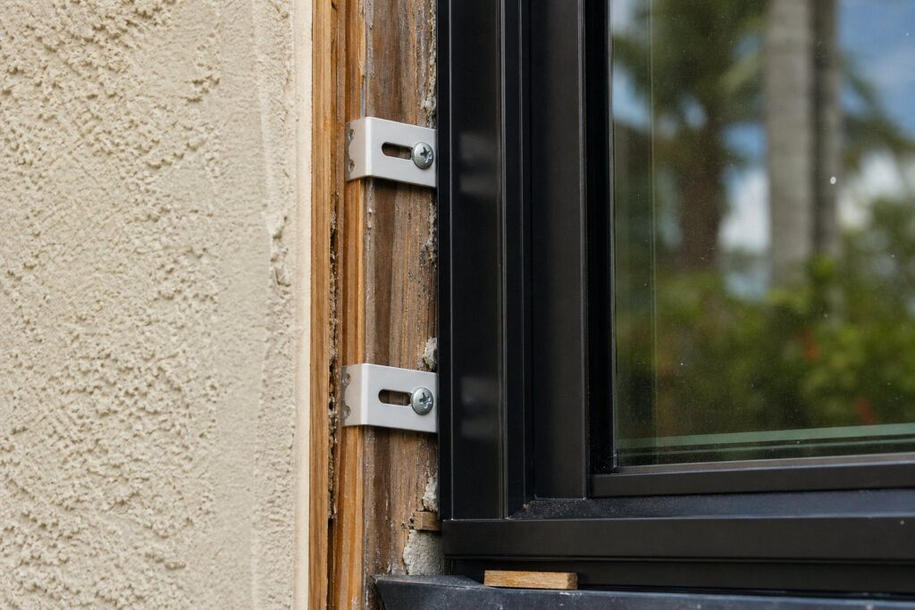 Window installation detail with fasteners and flashing visible in a stucco wall opening