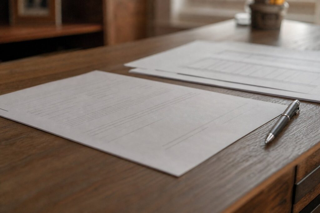Home remodeling paperwork and pen on a desk