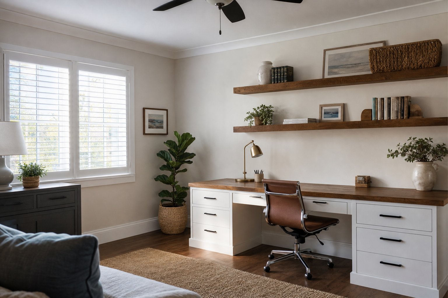 Spare bedroom converted to home office with built-in white desk cabinetry and plantation shutters