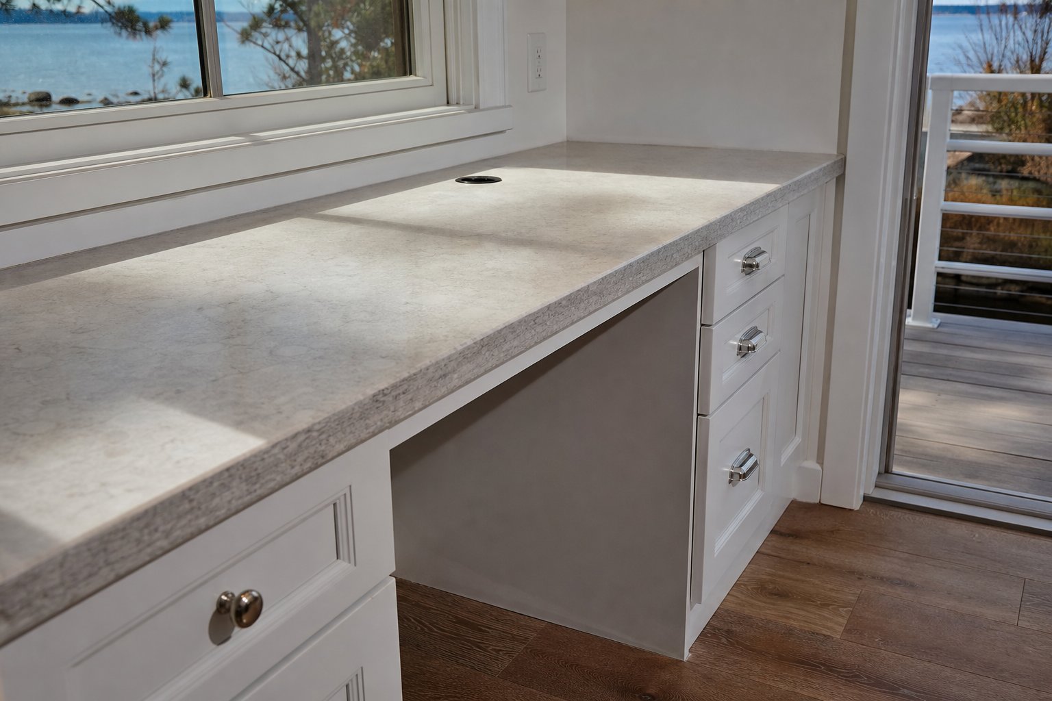 Built-in desk with quartz top, cable grommets, and drawer storage in coastal home office