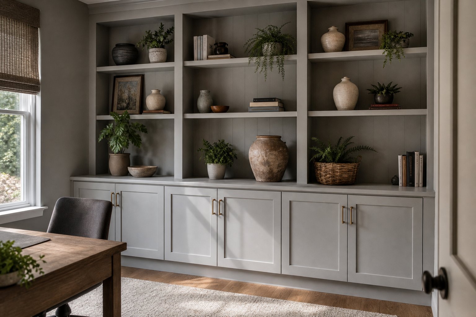 Wall of built-in display shelves and closed base cabinets in warm gray home office