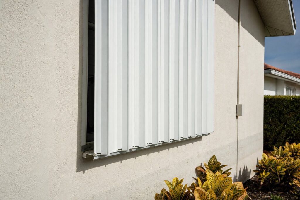 Accordion hurricane shutters on a Florida home window
