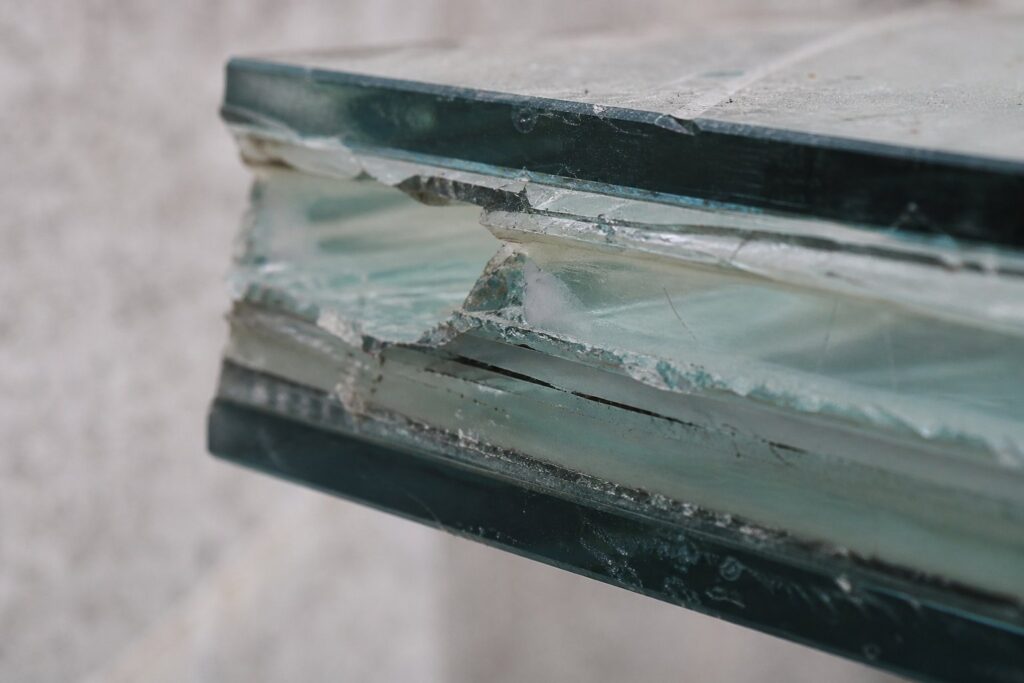 Close-up of a laminated impact window edge