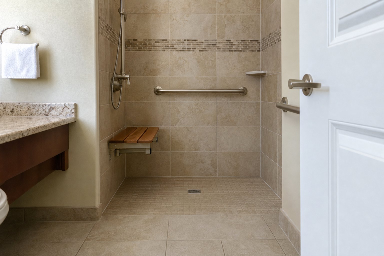 Curbless walk-in shower with fold-down teak bench and brushed nickel grab bars