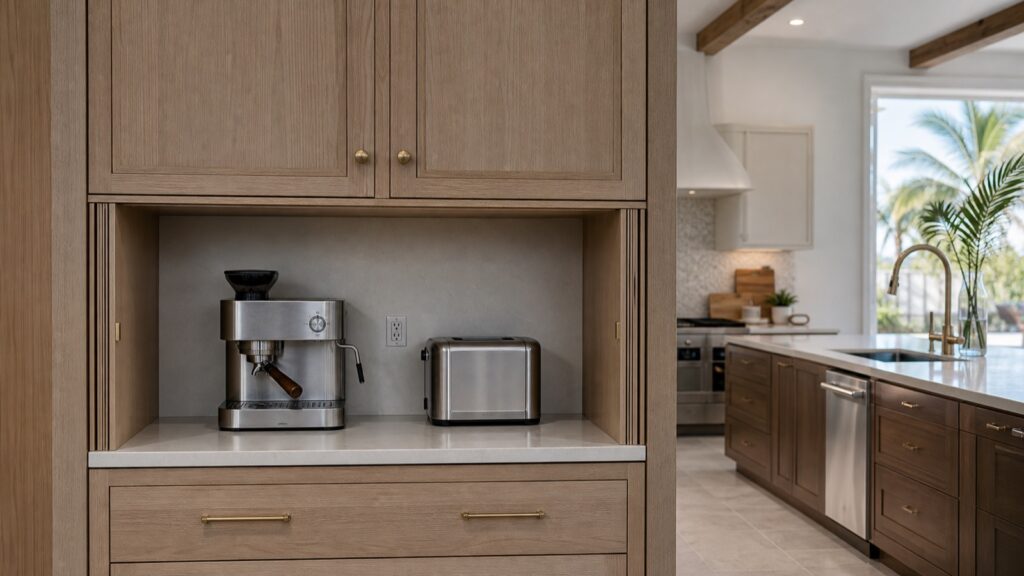 Open countertop appliance garage with espresso machine and toaster in a Naples kitchen