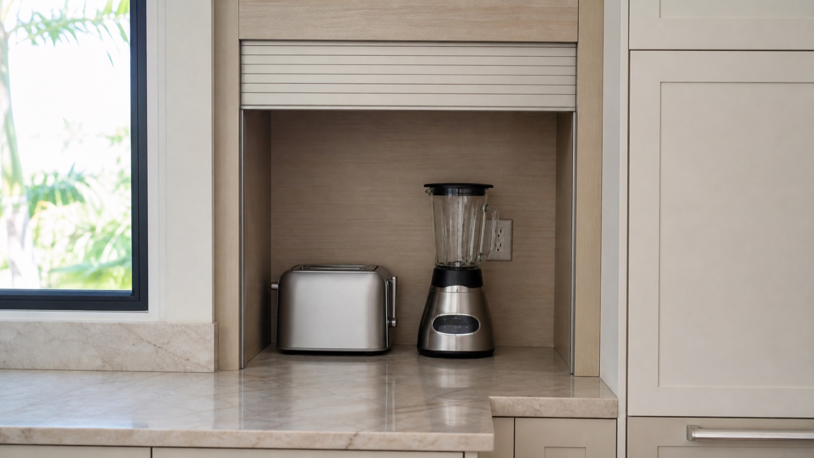 Countertop appliance garage with raised tambour door, toaster, and blender