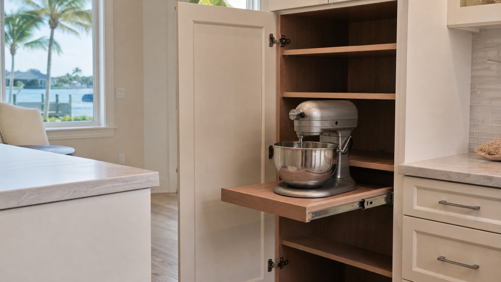 Stand mixer stored on a heavy-duty pull-out shelf inside a tall kitchen cabinet