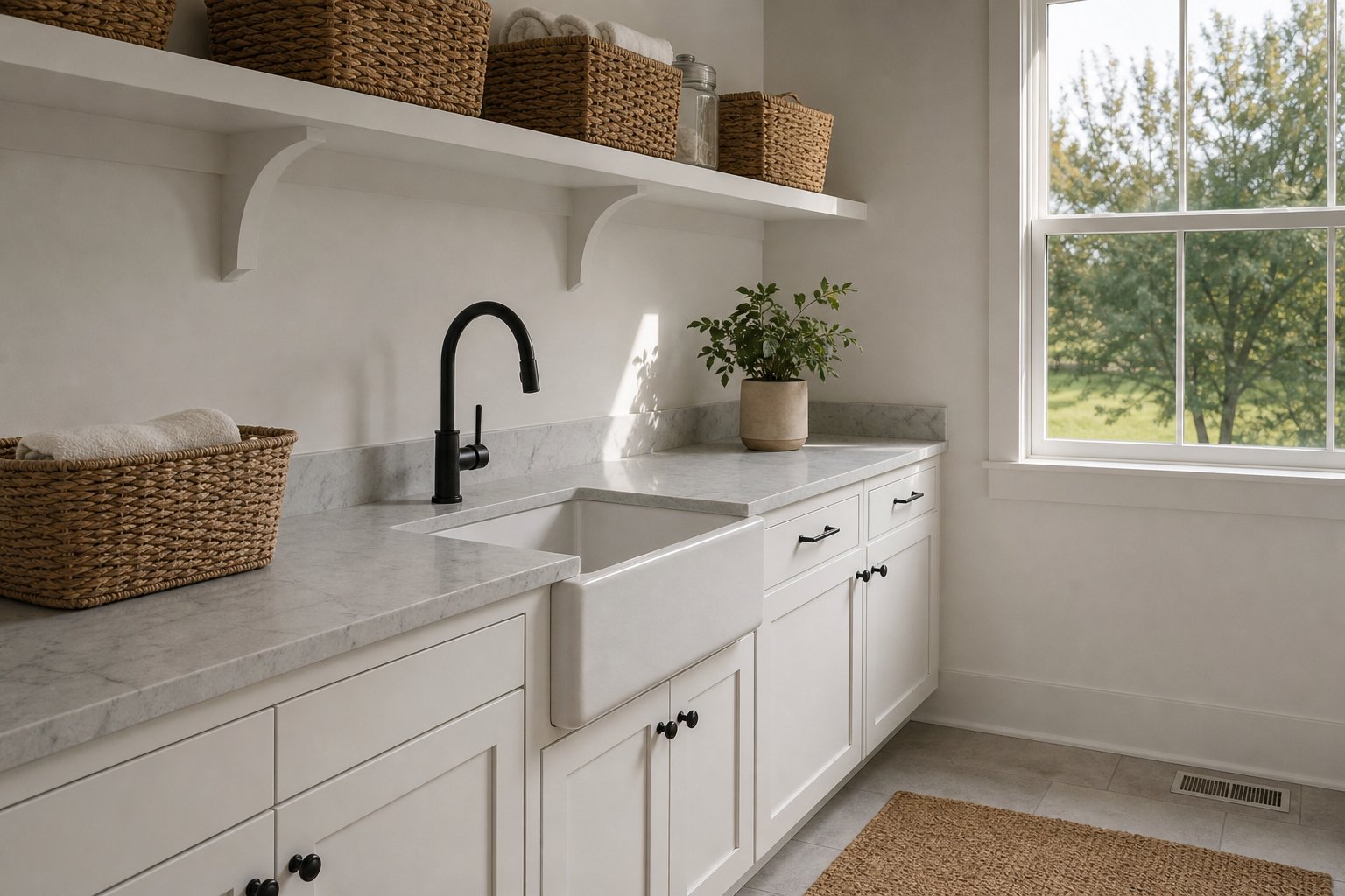 Deep utility sink in white base cabinets with woven baskets on open laundry shelves