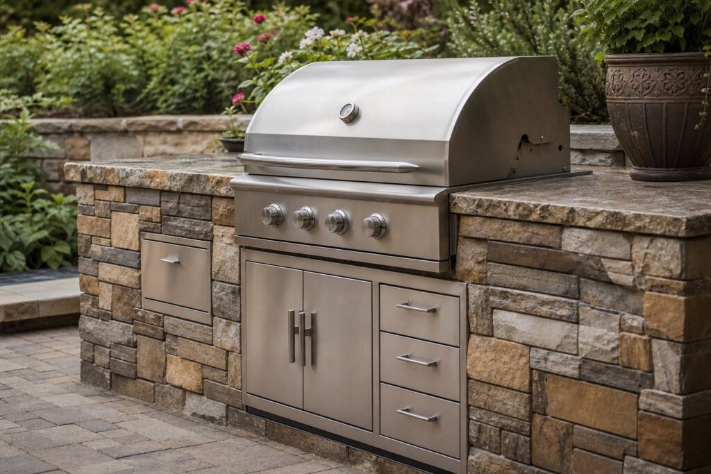 Built-in grill and stone counter on an outdoor kitchen
