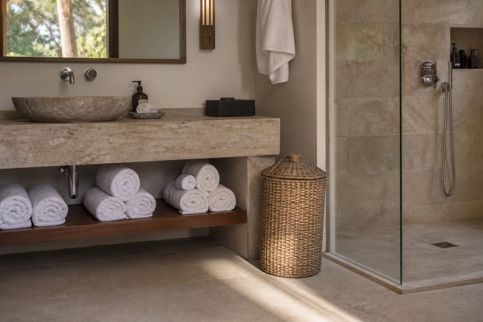 Pool bath vanity with stone counter, rolled towel shelf, and laundry basket beside tiled shower