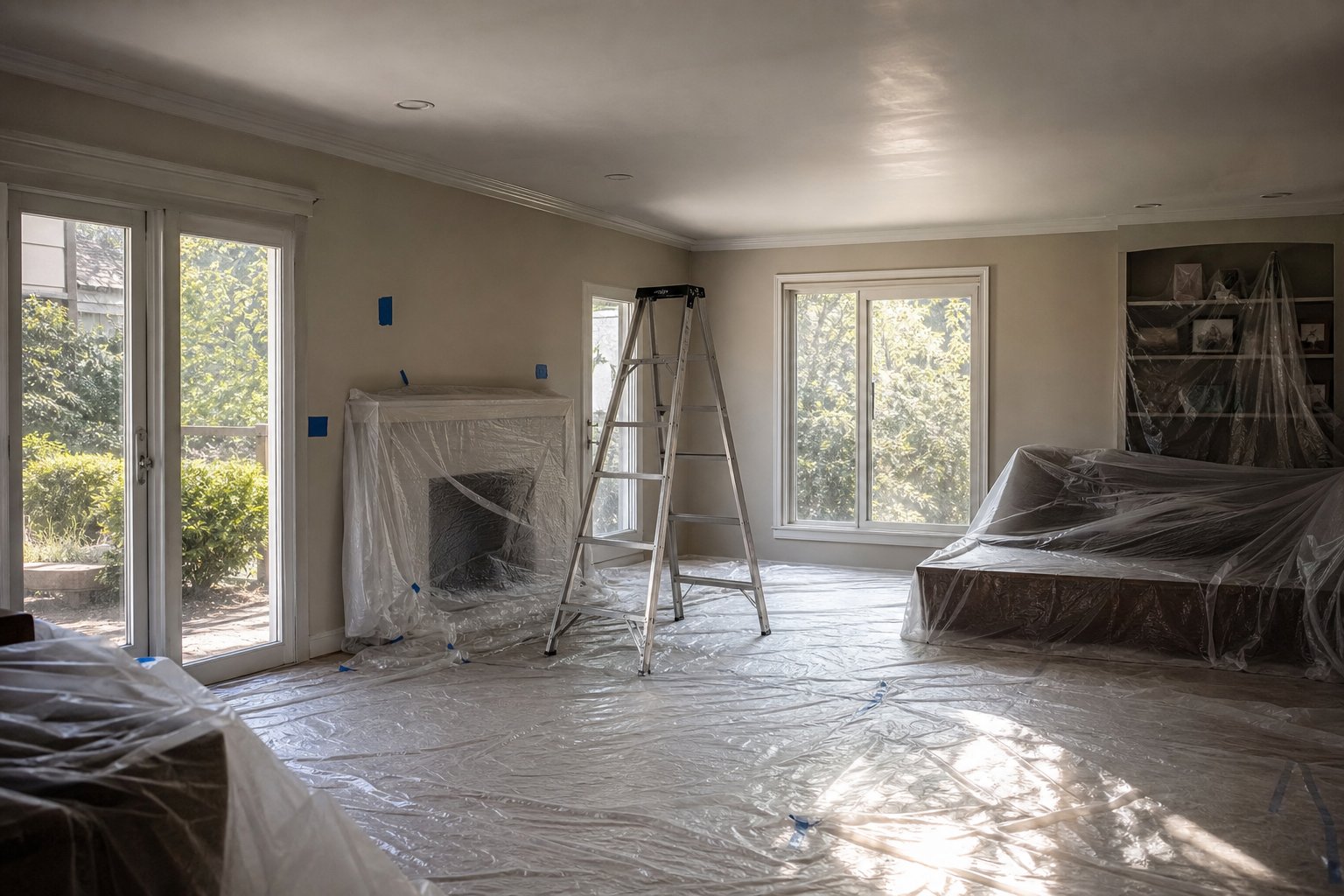 Living room prepped for ceiling work with plastic sheeting over floors and furniture and a stepladder