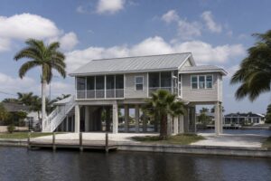 Elevated waterfront home supported on tall concrete piers