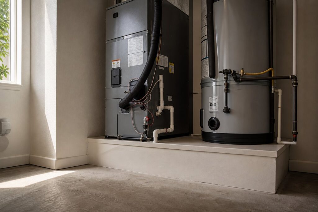 Air handler and water heater mounted on a raised concrete platform in a utility area