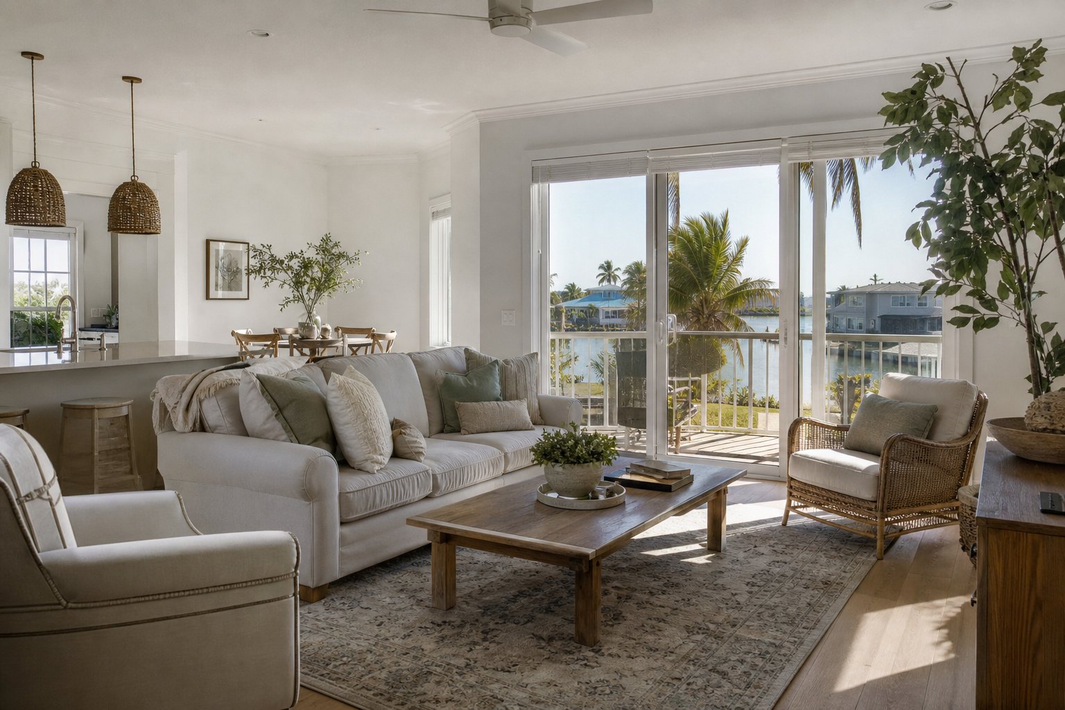 Finished coastal Florida living room with white paint, plank flooring, and afternoon light
