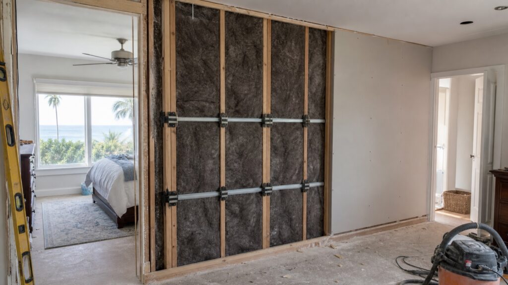 Interior wall remodel with mineral wool, isolation clips, furring channel, and finished drywall