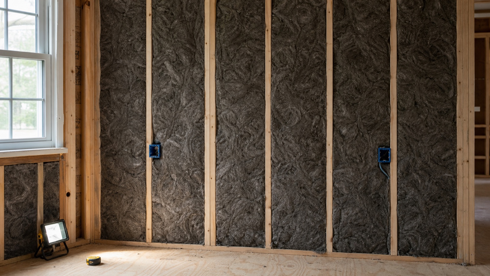 Mineral wool fitted between interior wall studs with electrical boxes in separate bays