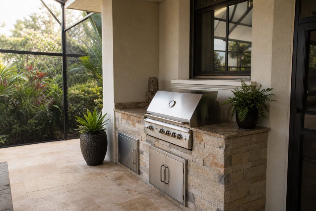 Compact summer kitchen with a built-in grill and stone counter along a lanai wall