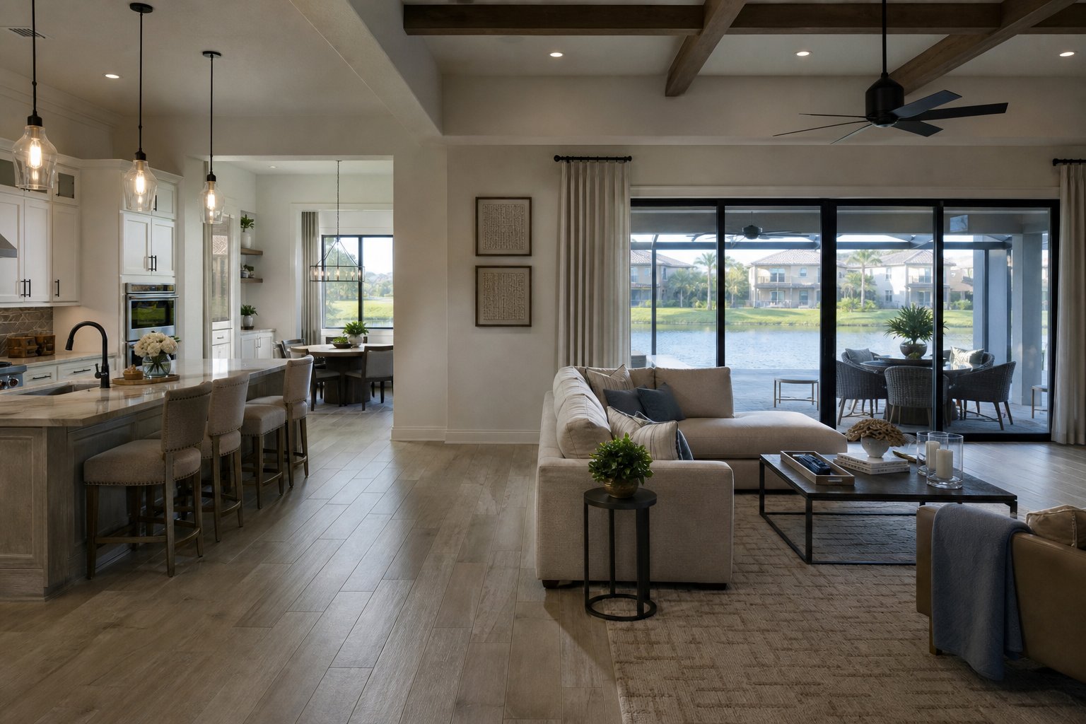 Wood look porcelain plank tile flooring in a sunlit Florida great room near sliding doors