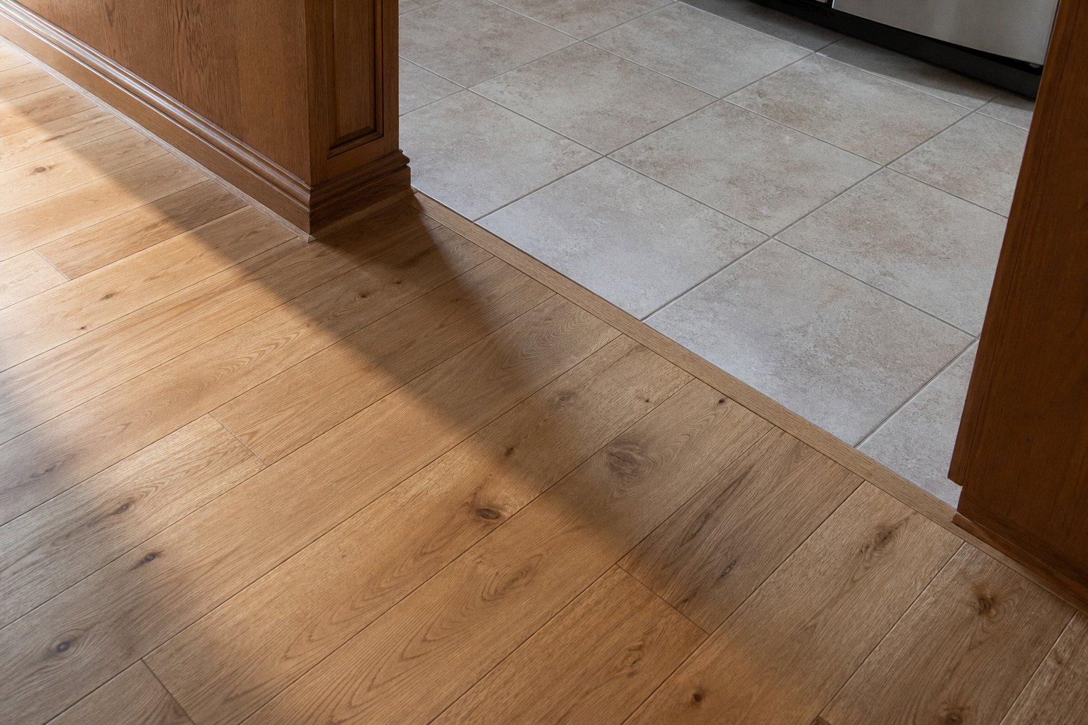 Engineered hardwood planks in warm oak meeting kitchen tile at a flush transition strip
