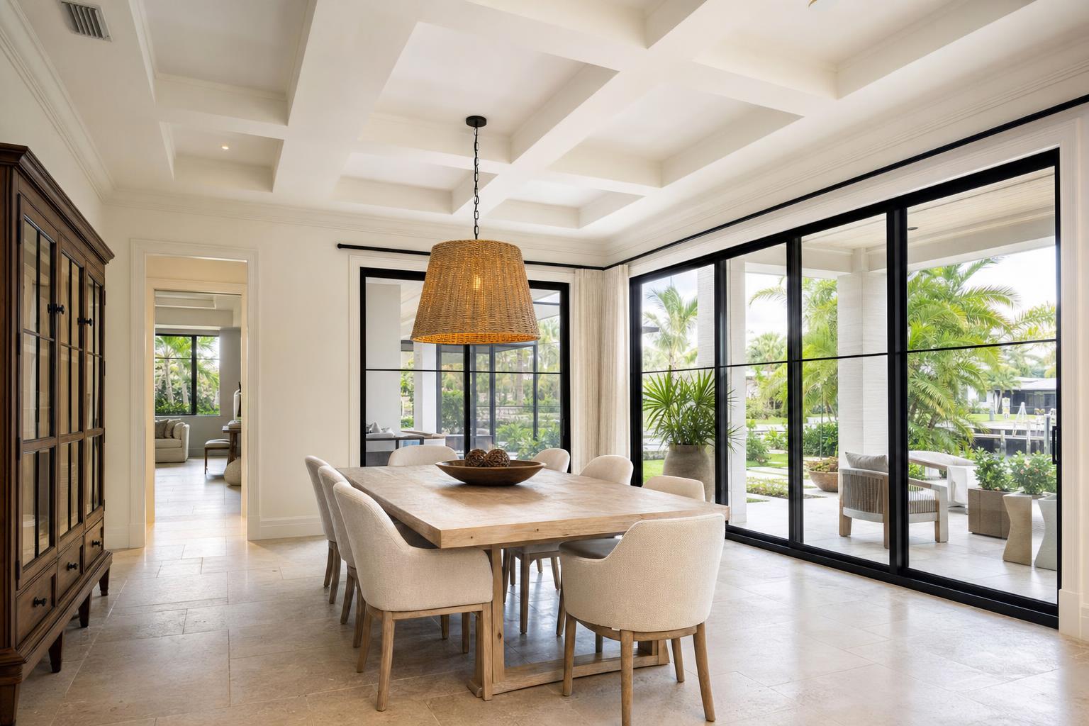 Shallow coffered ceiling aligned with a dining table and room openings