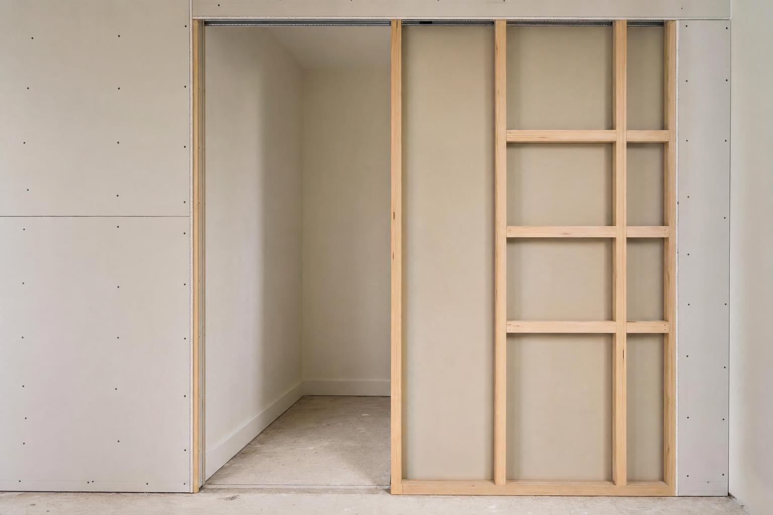 Pocket-door wall cavity with framing and an overhead track before drywall
