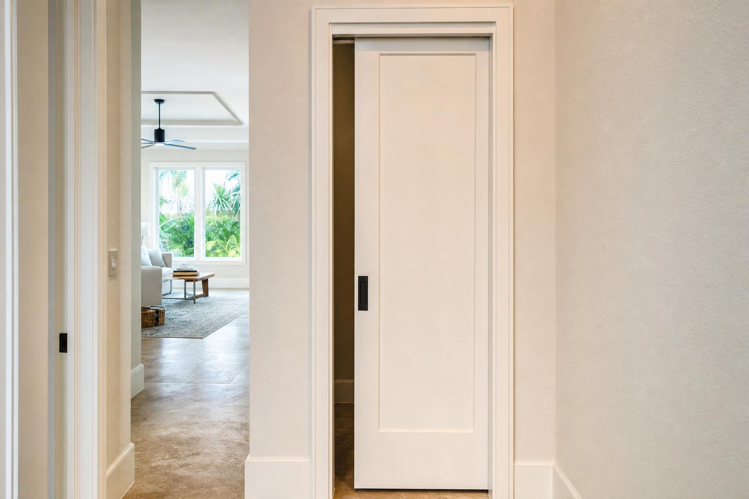 Finished solid-core pocket door with a recessed privacy pull