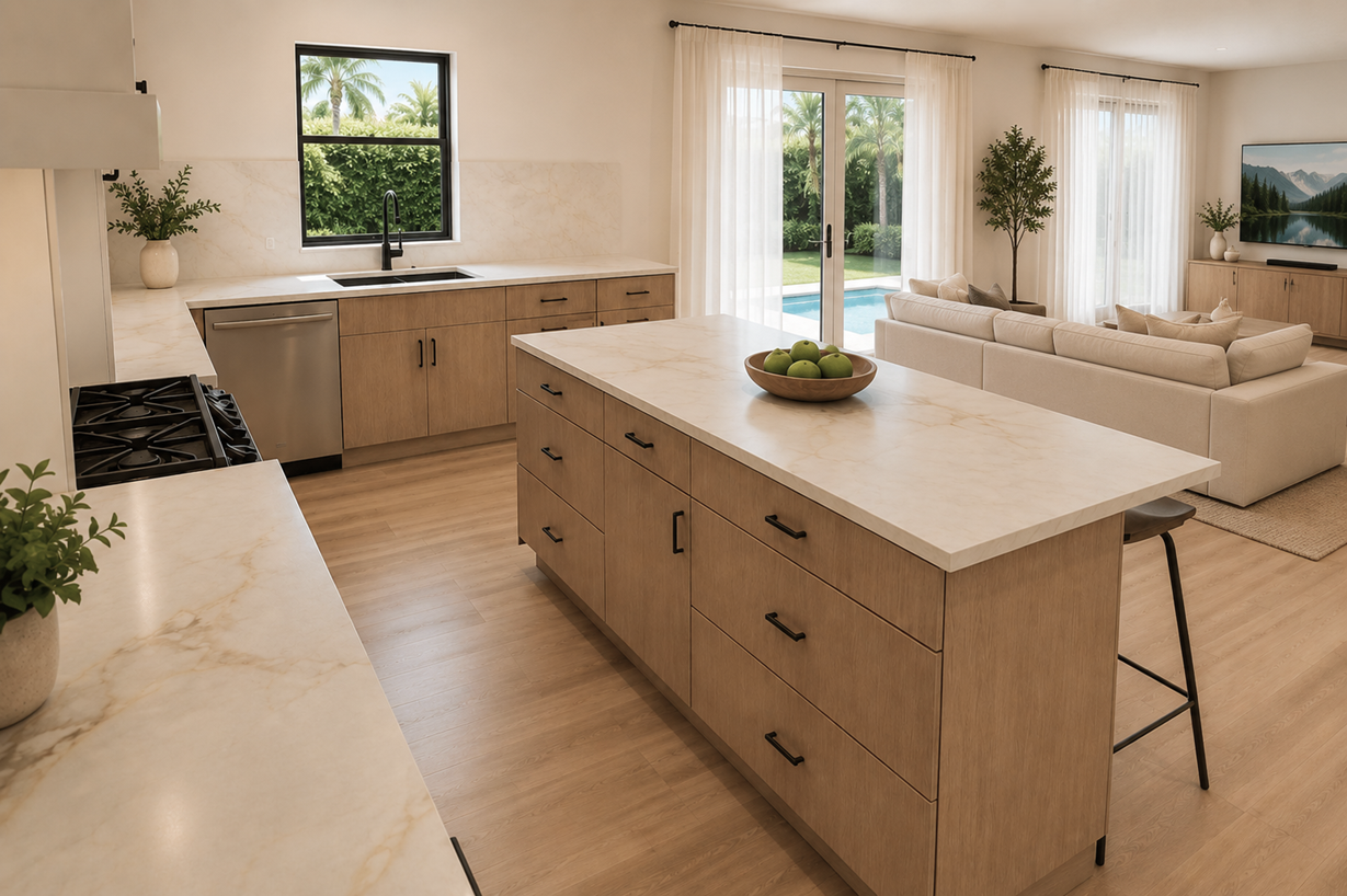 Open-concept SWFL kitchen with a rectangular island featuring seating on one side and quartz countertop