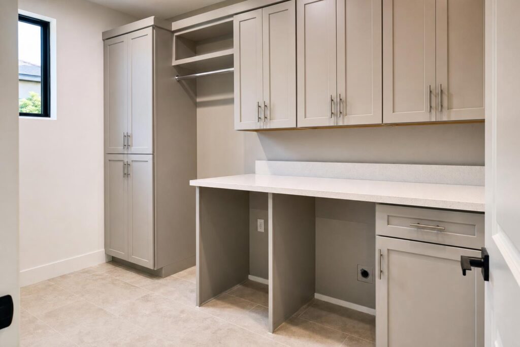 Cape Coral laundry room with upper cabinets, tall storage, and a folding counter