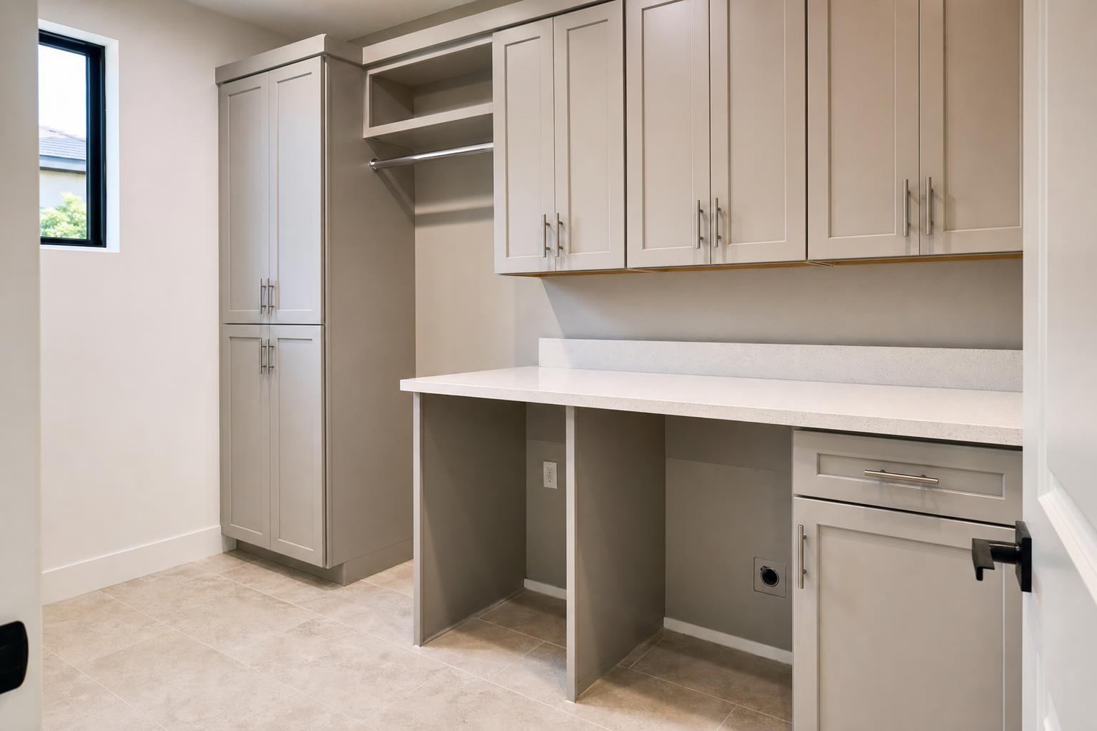 Cape Coral laundry room with upper cabinets, tall storage, and a folding counter