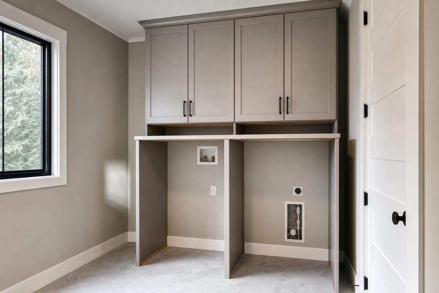 Laundry cabinets framing two empty appliance bays before installation