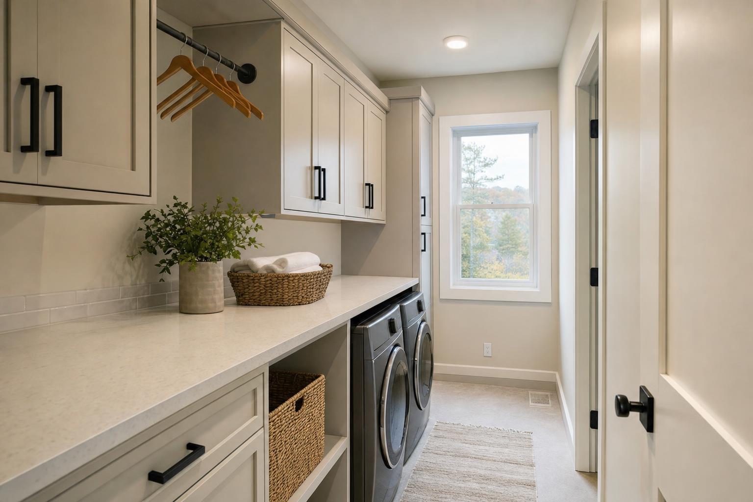 Laundry room cabinetry, folding counter, hanging rail, and clear walkway