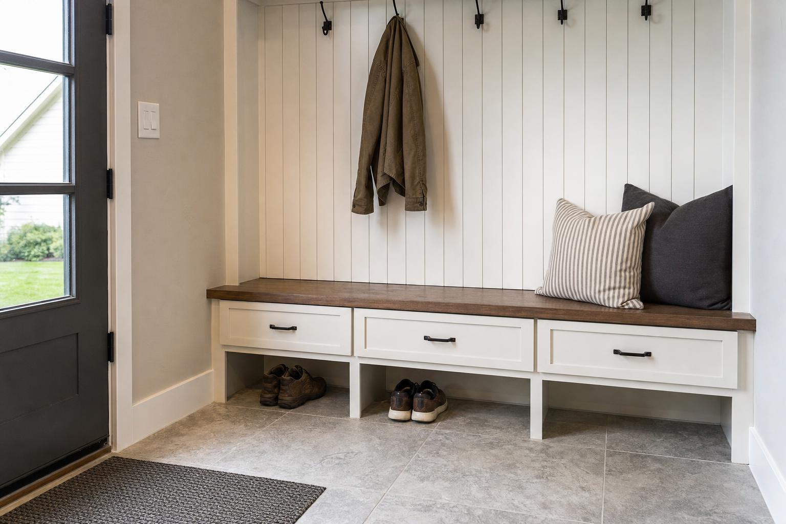 Mudroom bench drawers, shoe cubbies, wall hooks, and durable tile