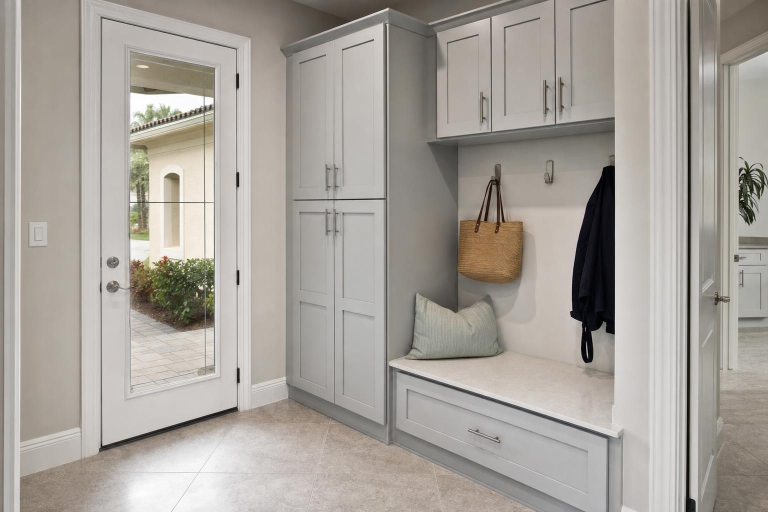 Compact entry drop zone with pet storage and a clear walking path