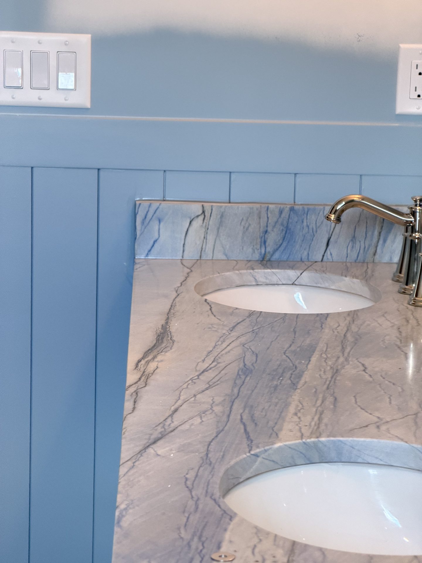 Blue paneled bathroom vanity wall with blue quartzite countertop and double undermount sinks in Fort Myers