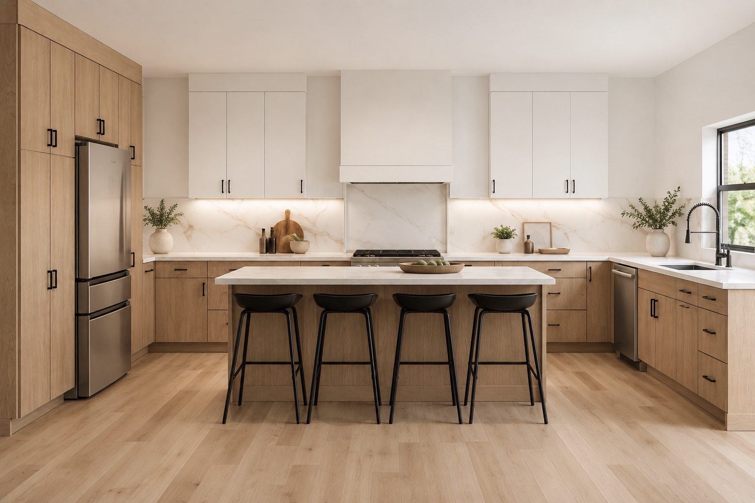 3D design rendering of the kitchen island with four black stools and light oak cabinet bases