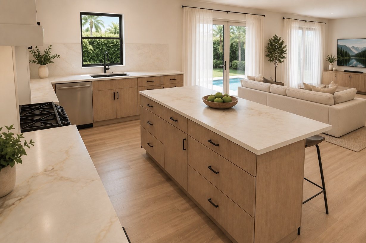 3D design rendering of a two tone kitchen with white shaker uppers, light oak lowers and a quartz seating island