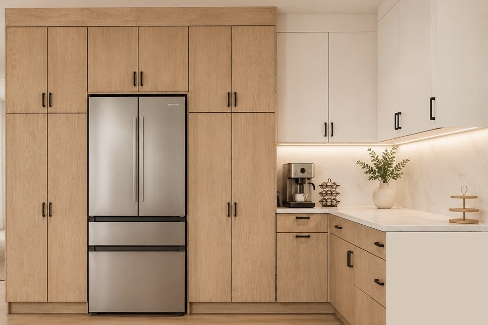 3D design rendering of the floor to ceiling oak pantry wall around a counter depth refrigerator