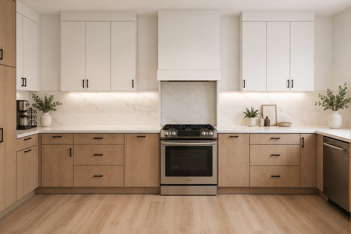 3D design rendering of the range wall with white hood surround and quartz backsplash