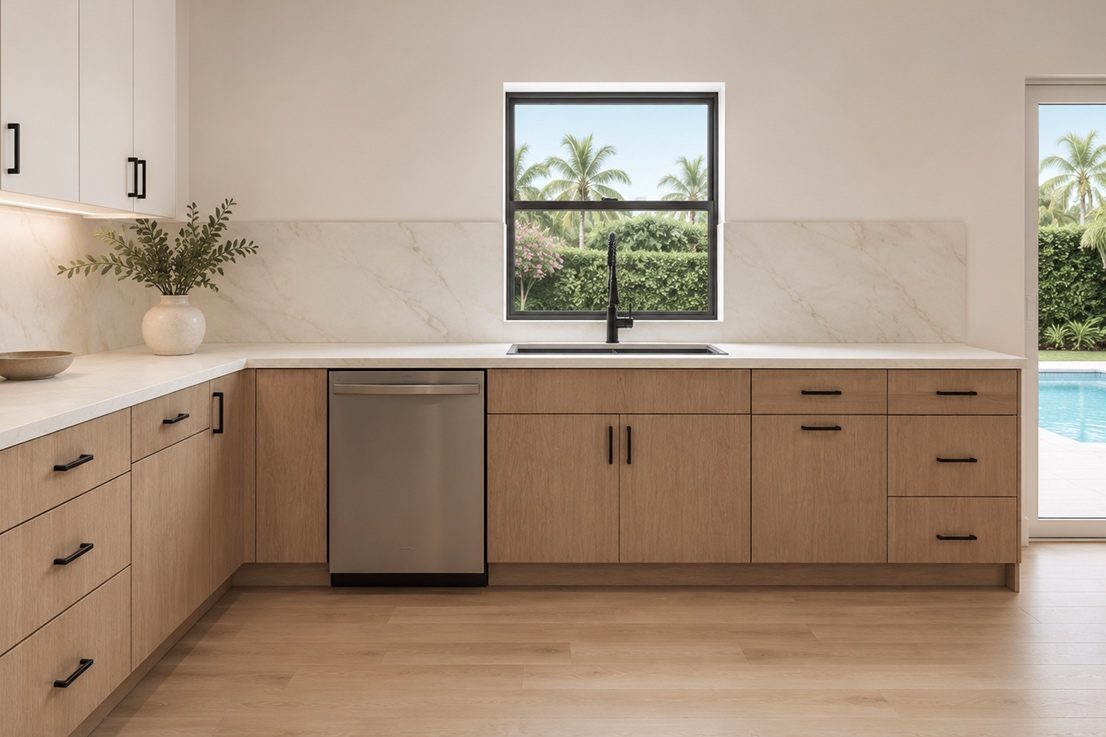 3D design rendering of the sink wall with a black framed window and palm view