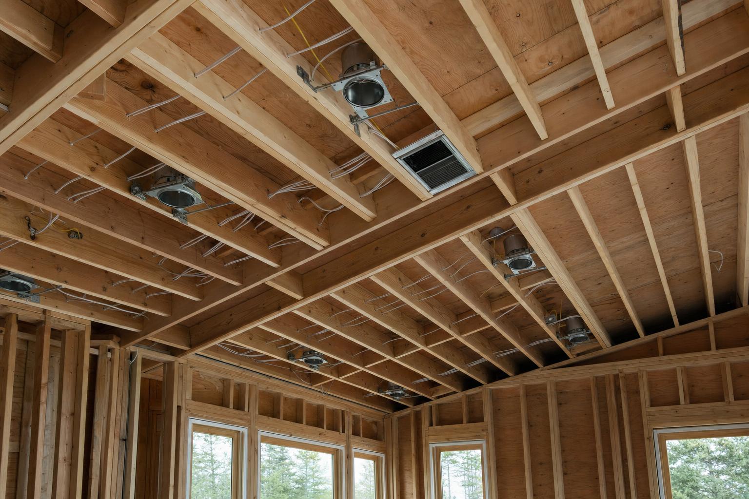 Recessed-light housings laid out in ceiling framing before drywall