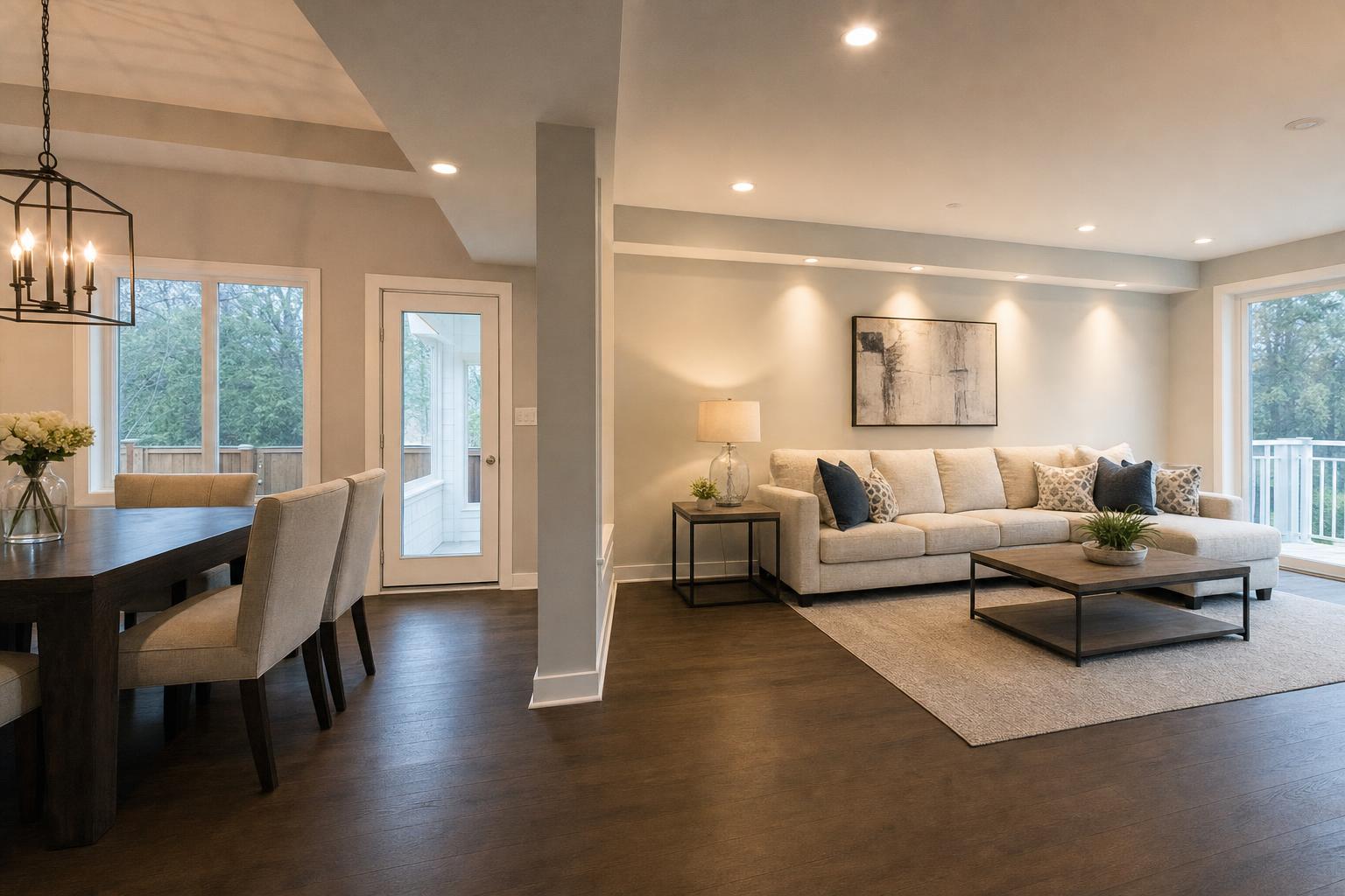 Separate recessed lighting zones across an open living and dining area