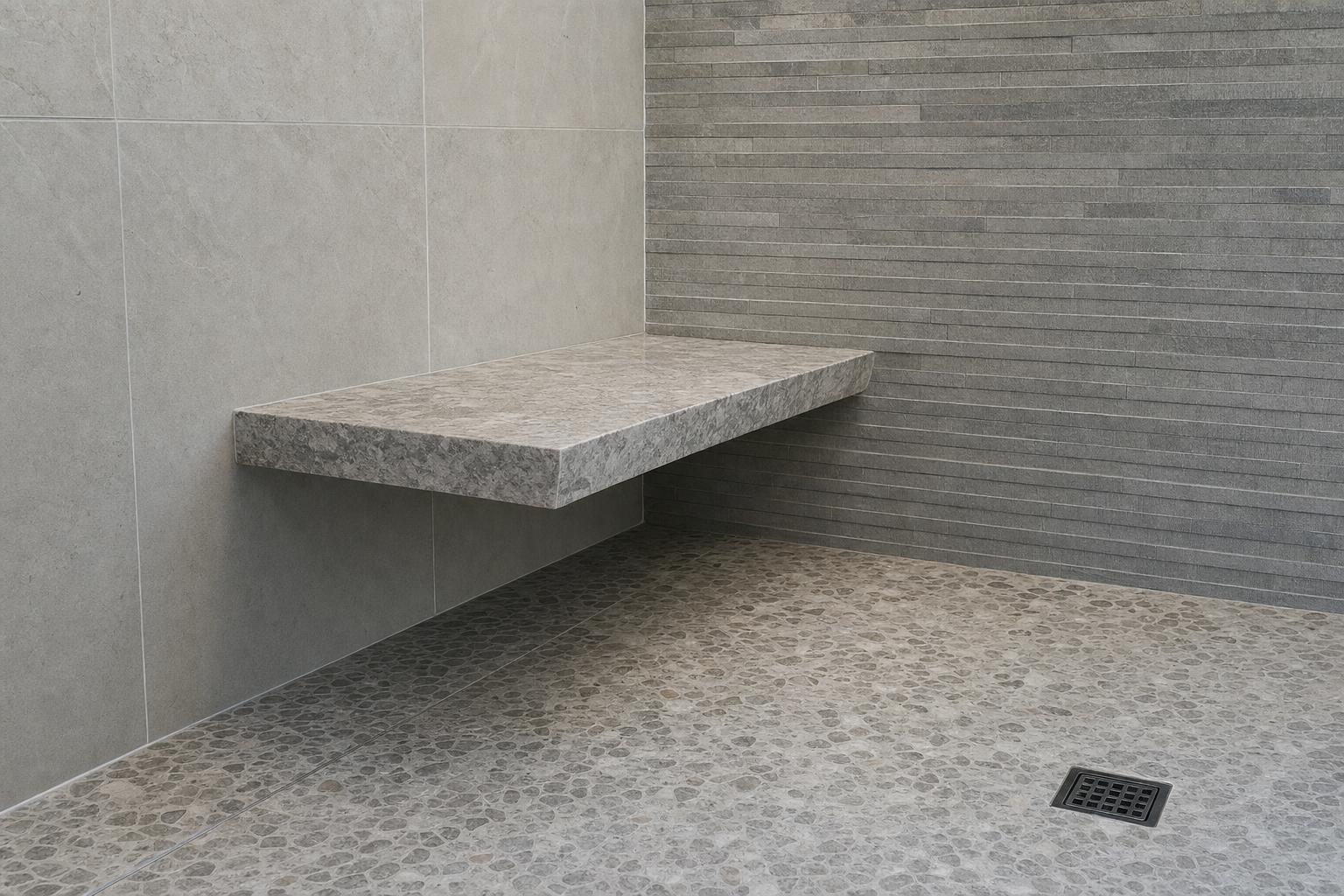 Floating stone bench anchored to a tiled shower wall
