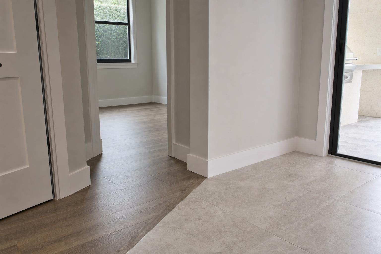 Porcelain tile transitioning to oak-look waterproof flooring in a Naples home