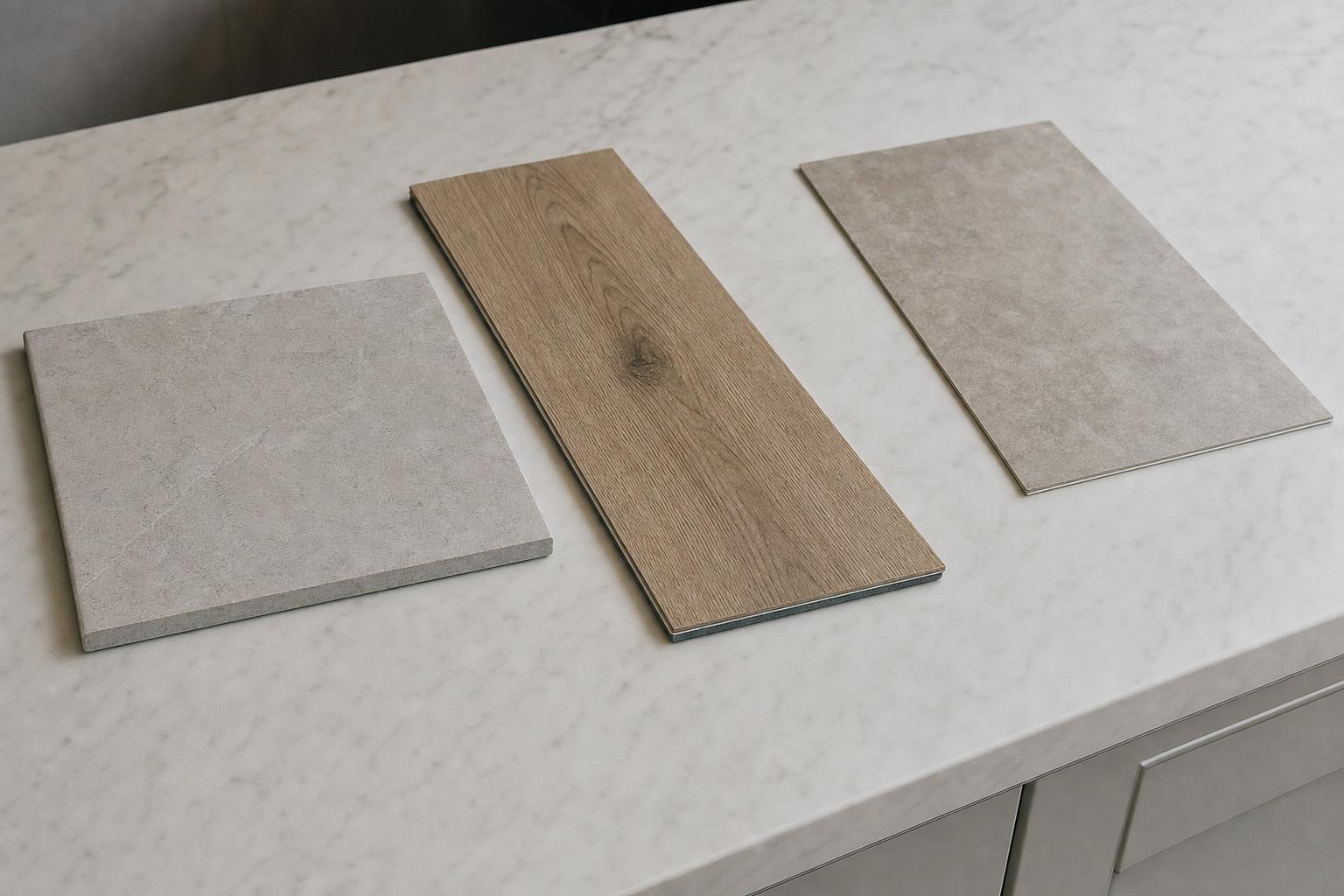 Porcelain tile, waterproof vinyl plank, and sheet vinyl flooring samples