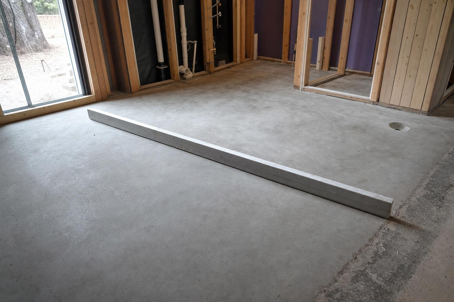 Concrete slab checked for flatness before waterproof flooring installation