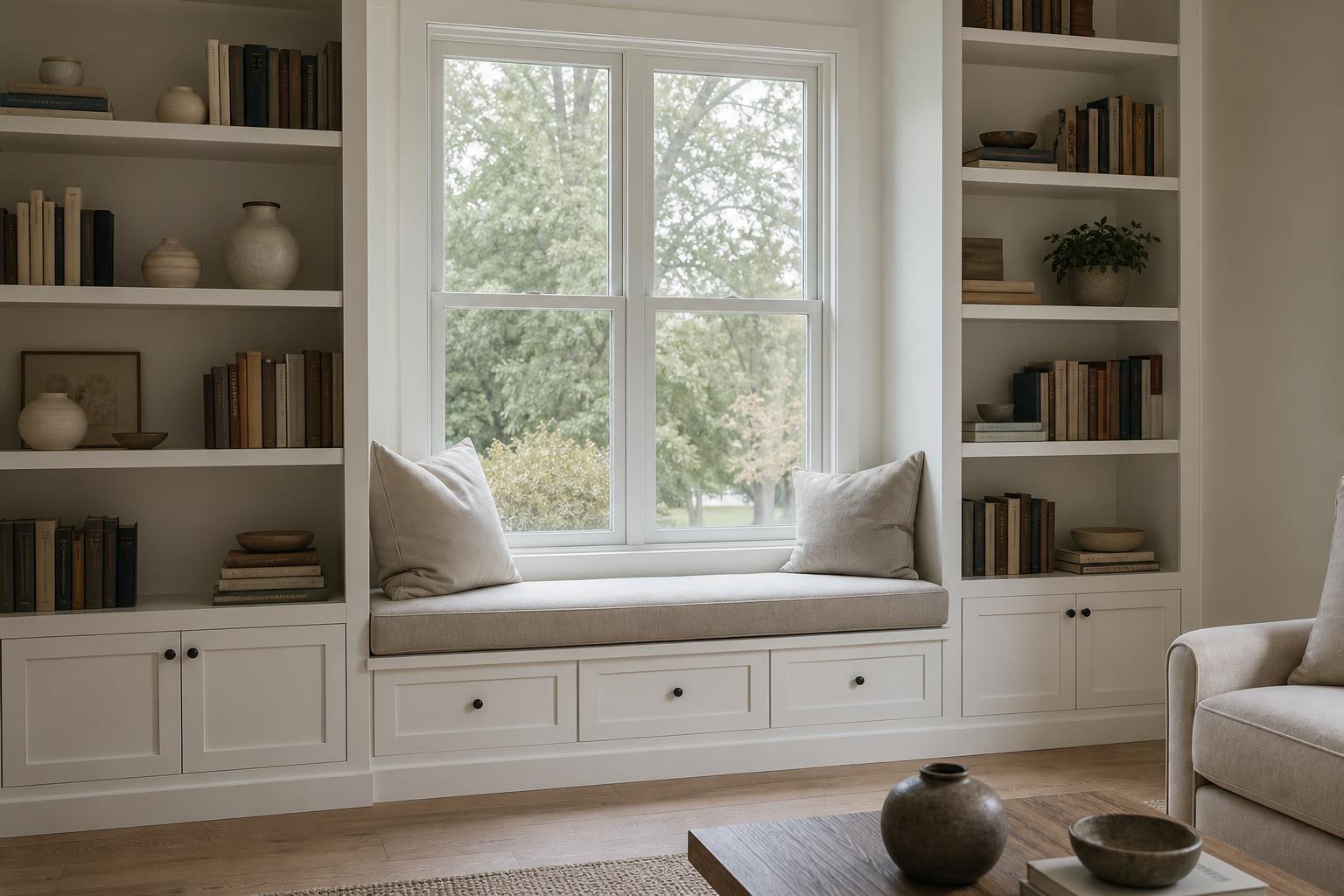 Built-in white bookcases flanking a cushioned window seat with drawers below