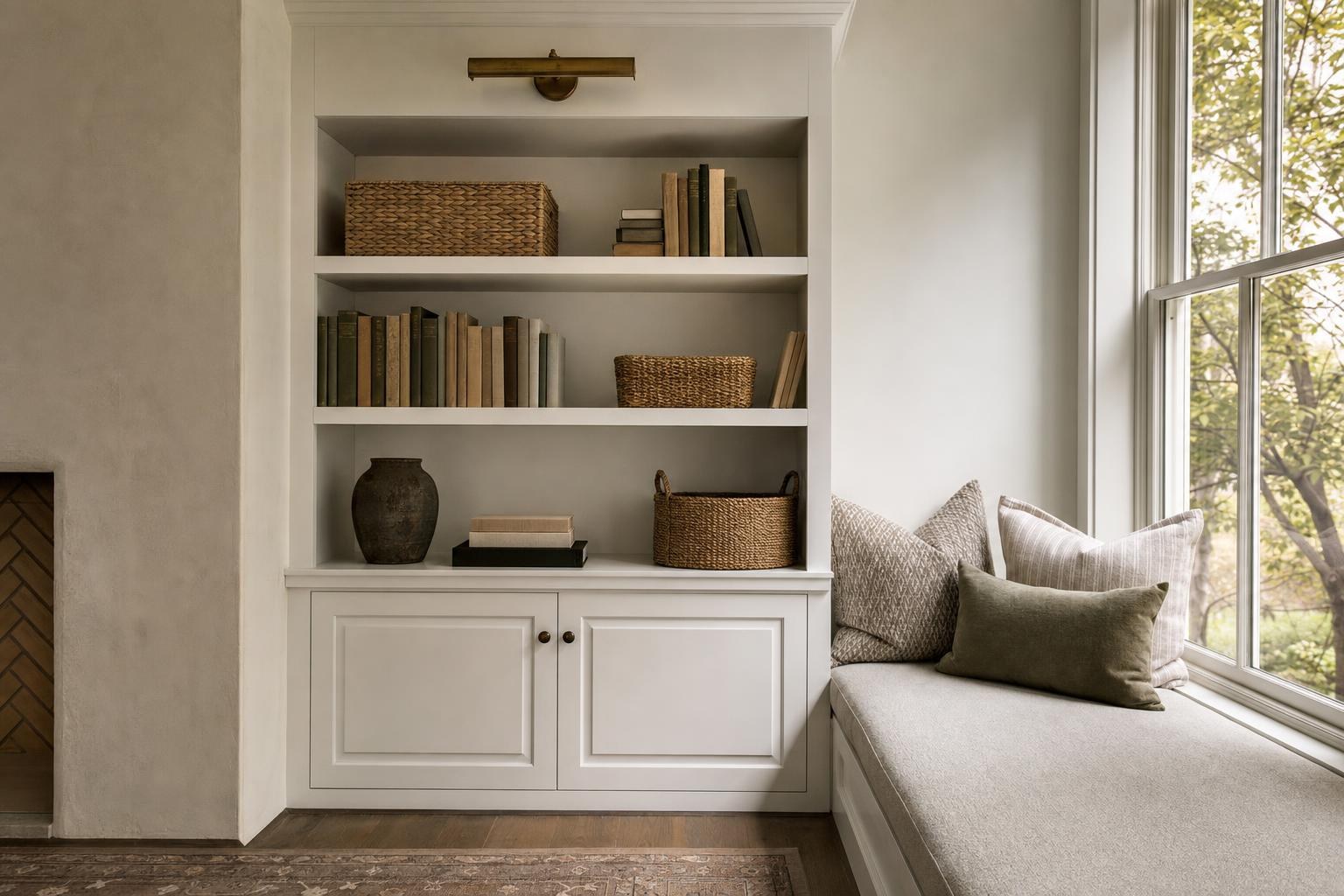 Built-in bookcase meeting a cushioned window seat, with books, baskets, and a brass picture light above