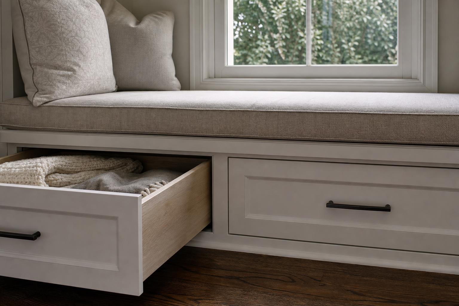 Window seat base with a drawer open showing folded blankets